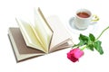 Tea cup of love , handmade book and pink rose Royalty Free Stock Photo