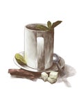 Tea Cup with mint leaves on a saucer with a teaspoon next to a tea bag