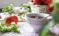 Tea Cup with mint tea on the background of fruit and a bowl of sugar, close-up, side view, bokeh