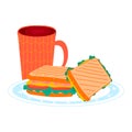 Tea cup with morning breakfast sandwich foodstuff on kitchen plate, bread burger ham and cheese luncheon isolated on Royalty Free Stock Photo