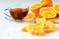 Tea cup with orange marmalade on table, breakfast concept Royalty Free Stock Photo