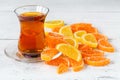 Tea cup with orange marmalade on table, breakfast concept Royalty Free Stock Photo