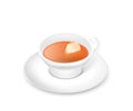 Tea cup with paper teabag and hot brown beverage for breakfast. Porcelain teacup on saucer Royalty Free Stock Photo