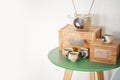 Tea cup pitcher Jug jar Mug goblet basin water pot wood box Royalty Free Stock Photo