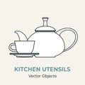 Tea cup pot saucer simple form vector illustration. Vector line illustration isolated logo icon cafe menu banner flayer