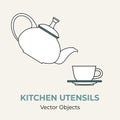 Tea cup pot saucer simple form vector illustration. Vector line illustration isolated logo icon cafe menu banner flayer
