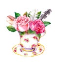 Tea cup with rose flowers, vintage feathers. Watercolor for teatime Royalty Free Stock Photo