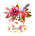 Tea cup with rose flowers, vintage feathers. Watercolor for teatime Royalty Free Stock Photo