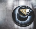 Tea cup on saucer with bag. Top view. Teabag in teacup Royalty Free Stock Photo