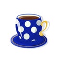 A tea cup with a saucer of deep blue color decorated with white polka dots and golden elements.