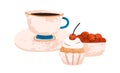 Tea cup on saucer and sweet dessert. Elegant porcelain teacup, sugar cupcake with cream and berry. Coffee and vanilla