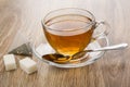 Tea in cup with saucer, tea bag and lumpy sugar Royalty Free Stock Photo