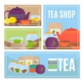 Tea cup at shop banner, vector illustration. Graphic mug with drink, vintage cafe poster set. Teapot with aroma herbal Royalty Free Stock Photo