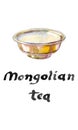 Tea cup of silver bowl for mongolian salt tea, watercolor vector illustration