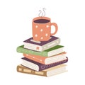 Tea cup standing on stack of books. Heap of paper hardcover books with bookmarks and mug with hot drink. Color Flat