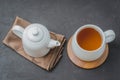 Tea. Cup of tea and teapot. White ware on a black stone table. Top view