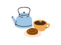 Tea cup, teakettle and sweet bun, morning food and hot drink. Fresh brewed black americano coffee, kettle, bakery, roll