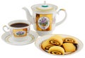 Tea cup, teapot and biscuits Royalty Free Stock Photo