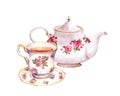 Tea cup and teapot with flowers. Watercolor Royalty Free Stock Photo