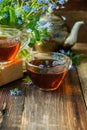 Tea cup, teapot, honey jar and summer bouquet of blue cornflowers on table outdoors. Summer still life.