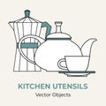 Tea cup teapot moka pot saucer simple form vector illustration. Vector line illustration isolated logo icon cafe menu Royalty Free Stock Photo