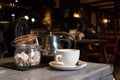 Tea cup, Teapot and sugar lumps in jar Royalty Free Stock Photo