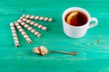 Tea in a cup and wafer tubules in a plate Royalty Free Stock Photo