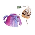 Tea cup watercolor tea bag cartoon watercolor print Royalty Free Stock Photo