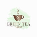 Tea cup watercolor logo. Green organic tea