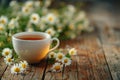 A tea cup with a white saucer sits on a wooden table