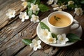 A tea cup with a white saucer sits on a wooden table