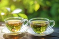 Tea cups filled with green and Chinese tea, garden ambiance Royalty Free Stock Photo