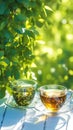 Tea cups filled with green and Chinese tea, garden ambiance Royalty Free Stock Photo