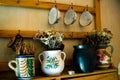 Tea cups, jugs and mug on kitchen Royalty Free Stock Photo