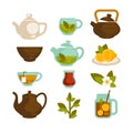 Tea cups, teapot and teabags vector icons set for menu Royalty Free Stock Photo