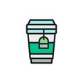 Tea in disposable cardboard cup, takeaway flat color line icon.