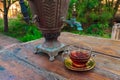 Tea drinking from a vintage samovar in garden Royalty Free Stock Photo