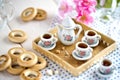 Tea with drying. Children`s teapot and cups Royalty Free Stock Photo