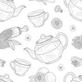 Tea Elements Seamless Pattern, Cafe, Restaurant Menu or Tea Shop Design, Fabric, Packaging, Background Hand Drawn Vector