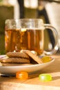Tea with flower and biscuits boho style Royalty Free Stock Photo
