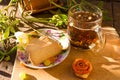 Tea with flower and biscuits boho style Royalty Free Stock Photo