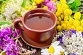 Tea from flowers in clay cup on board Royalty Free Stock Photo