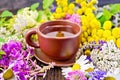 Tea from flowers in clay cup on dark board Royalty Free Stock Photo