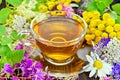 Tea from flowers in glass cup on dark board Royalty Free Stock Photo