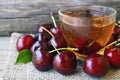 Tea with freshly picked cherries in a glass transparent cup on a burlap cloth.Fruit cherry ice tea on old wooden table. Royalty Free Stock Photo