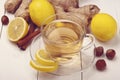 Tea with ginger, lemon and cinnamon sticks Royalty Free Stock Photo