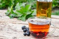 Tea in a glass cup of black currant on a wooden table near a glass teapot on a background of green grass Royalty Free Stock Photo