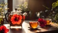 Tea in a glass cup, hibiscus flower fresh beverage hot mug herbal transparenttraditional