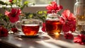 Tea in a glass cup, hibiscus flower fresh healthy beverage hot