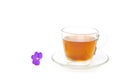 Tea in a glass cup with purple flower isolated in white background. Royalty Free Stock Photo